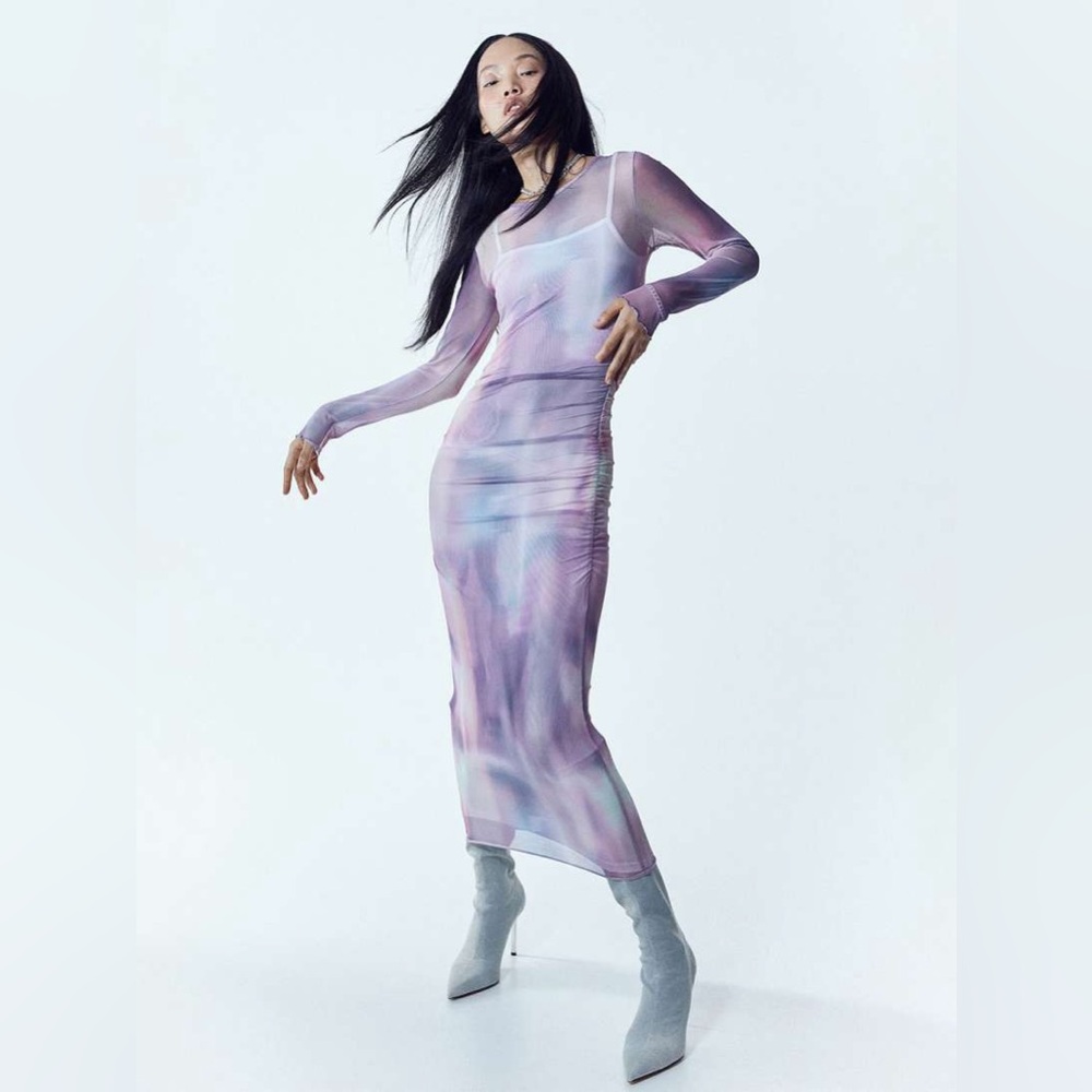H&M Multicolored Ribbed Bodycon Dress V-Neck Long Sleeve